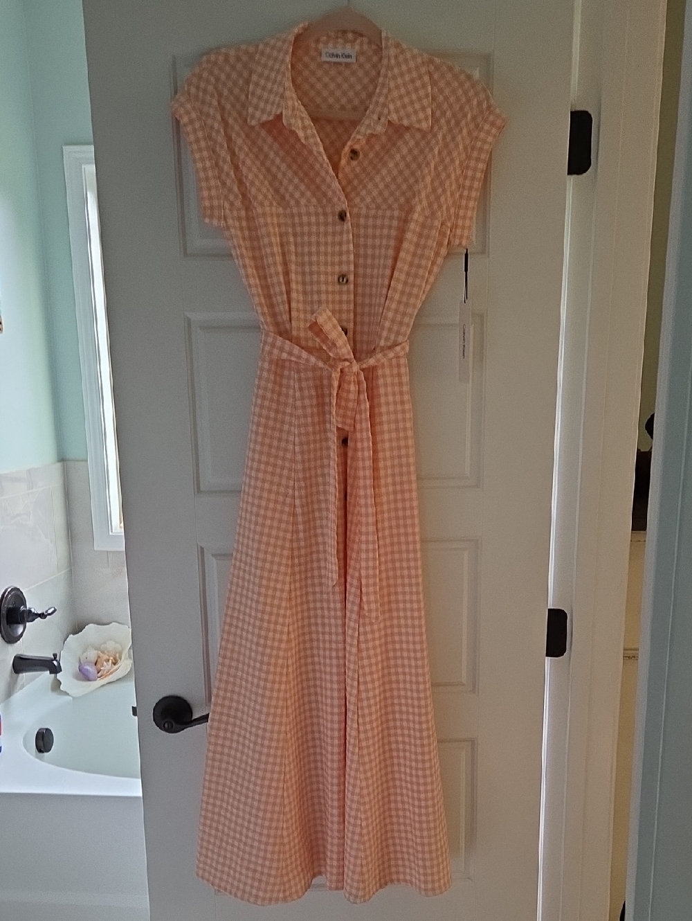 Calvin Klein Peach Gingham Maxi Shirt Dress with Waist Tie